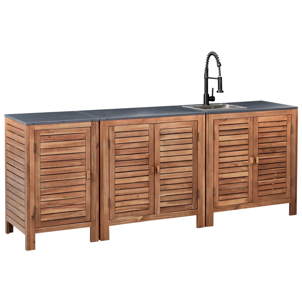 Cucina da giardino in legno di acacia 3 elementi con anta e ripiani Piano in acciaio con lavello e rubinetto Marrone e nero