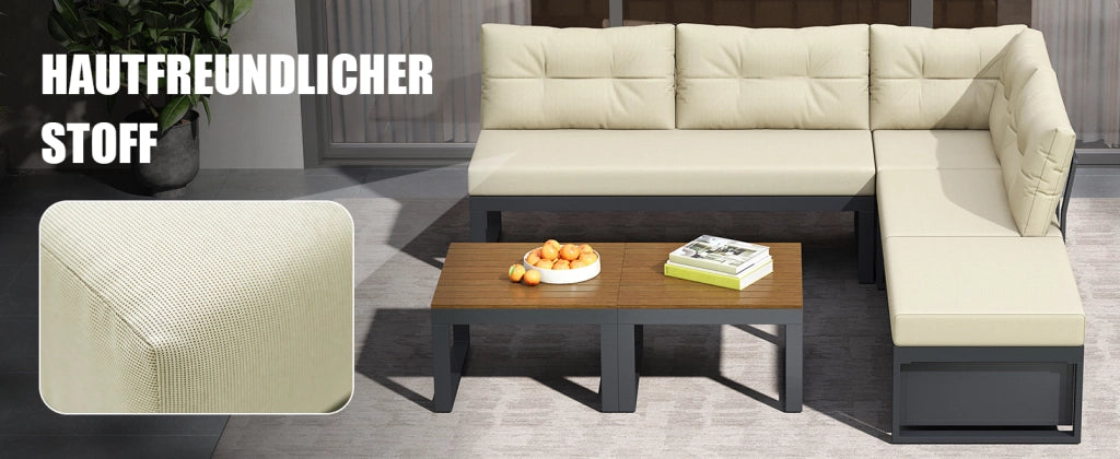Set di divani da giardino modulare con schienale regolabile a 3 posizioni, contenitore e struttura in ferro verniciato beige