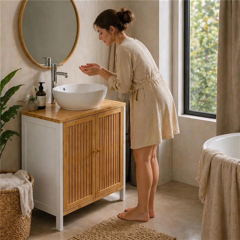 MOBILE SOTTOLAVABO IN LEGNO BIANCO CON 2 ANTE IN BAMBOO DIMENSIONI 60X30X70 CM