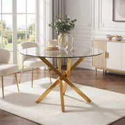 Tavolo rotondo in vetro temperato 80 cm, struttura color oro, design moderno con base a croce