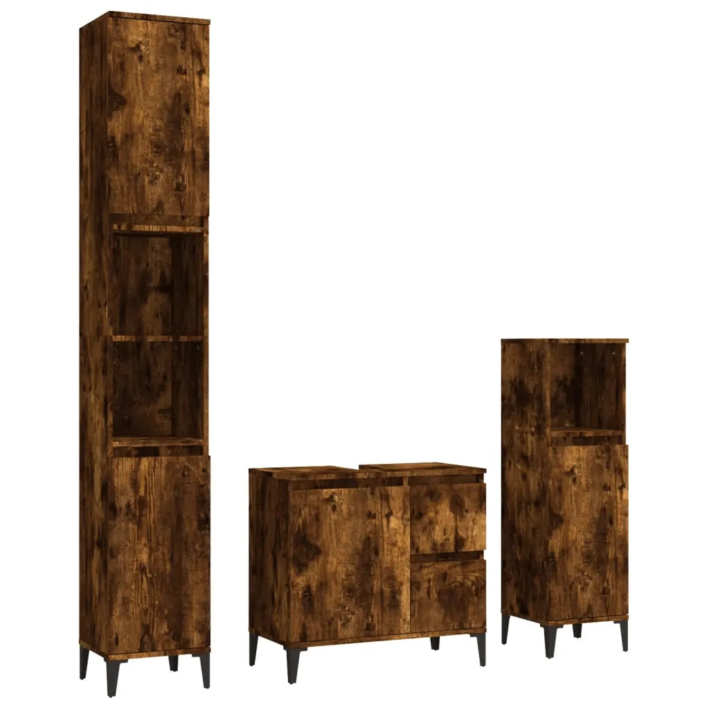Set Mobili da Bagno | Armadio da bagno 3 pz Rovere Fumo in Legno Multistrato