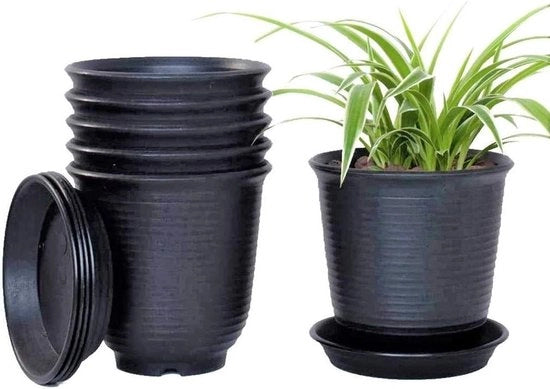 6 pezzi di vasi di plastica neri da 15 cm - Vaschette per piante con pallet di drenaggio