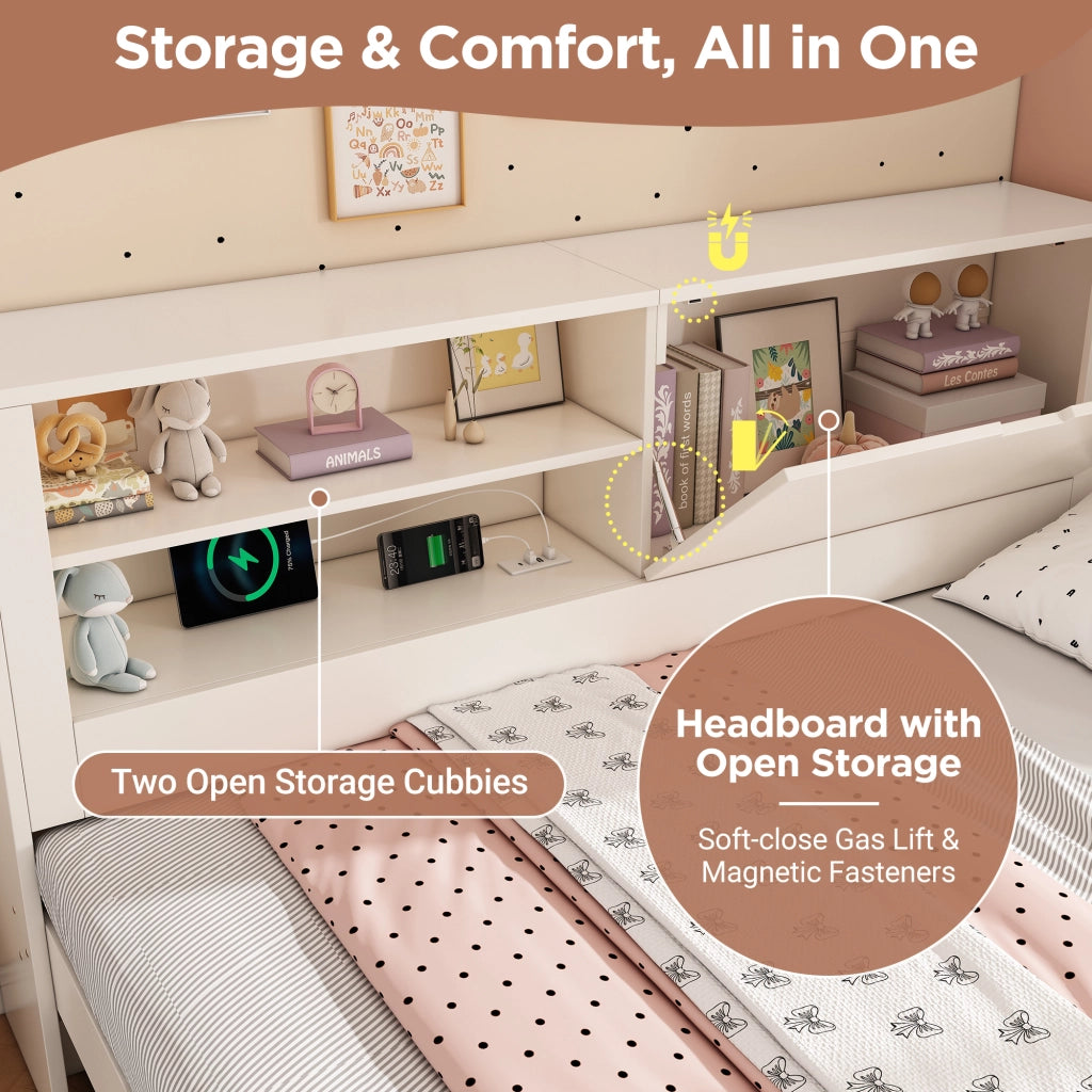 Letto Estraibile 90 x 200 cm; USB; Type-C e Vano Contenitore - in Legno - Bianco