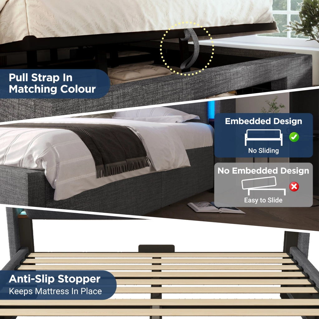 OKWISH Letto Contenitore 140×200 cm, Letto Matrimoniale con LED Regolabile, USB, Tipo C e Vano Testiera, senza Materasso, Lino, Grigio