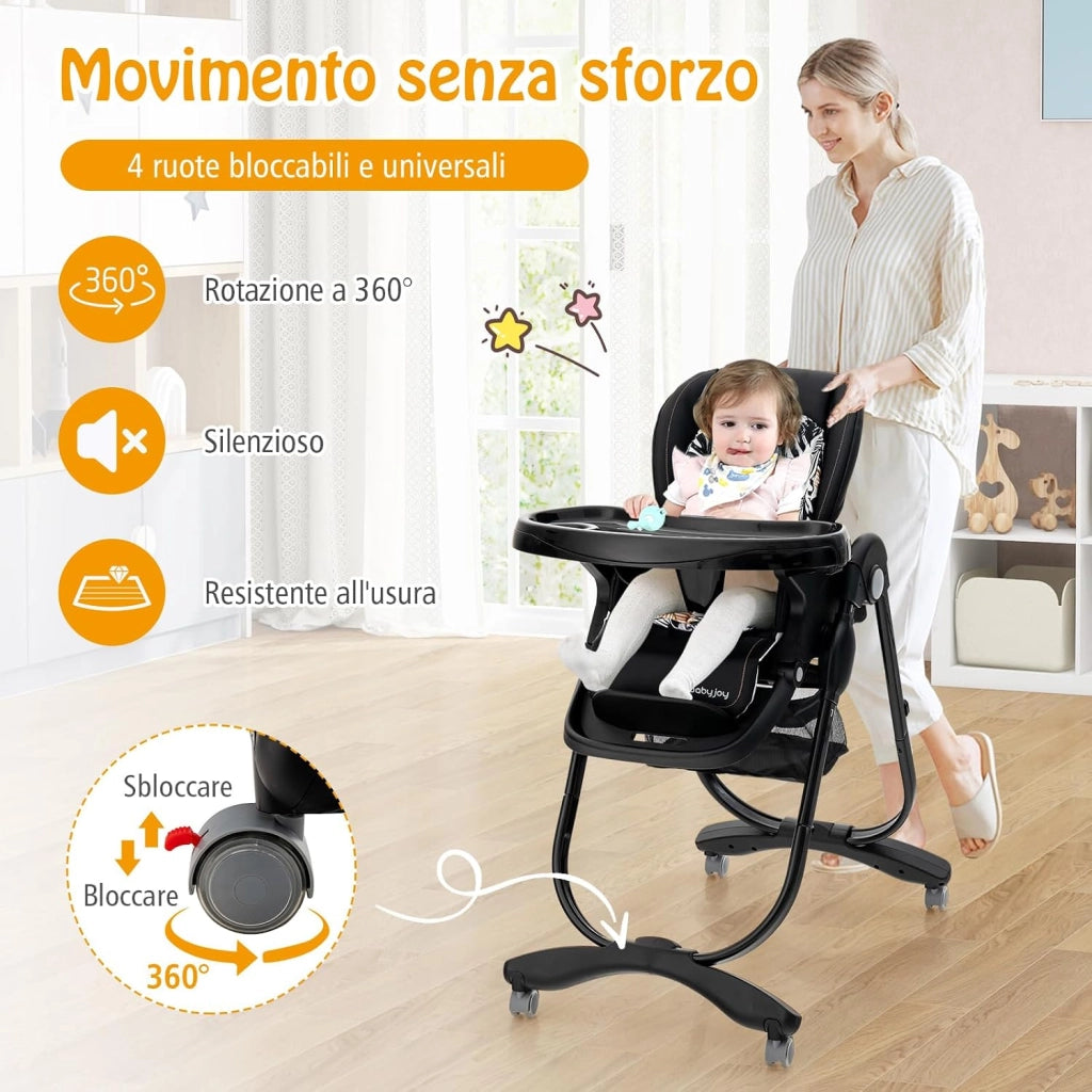 Seggiolone Pappa Bambini Pieghevole, Altezza Regolabile (Nero) | Seggiolone Multifunzione con 4 Ruote, Poggiapiedi e Schienale, Vassoio Rimovibile, per 6-36 Mesi, Fino a 15 kg