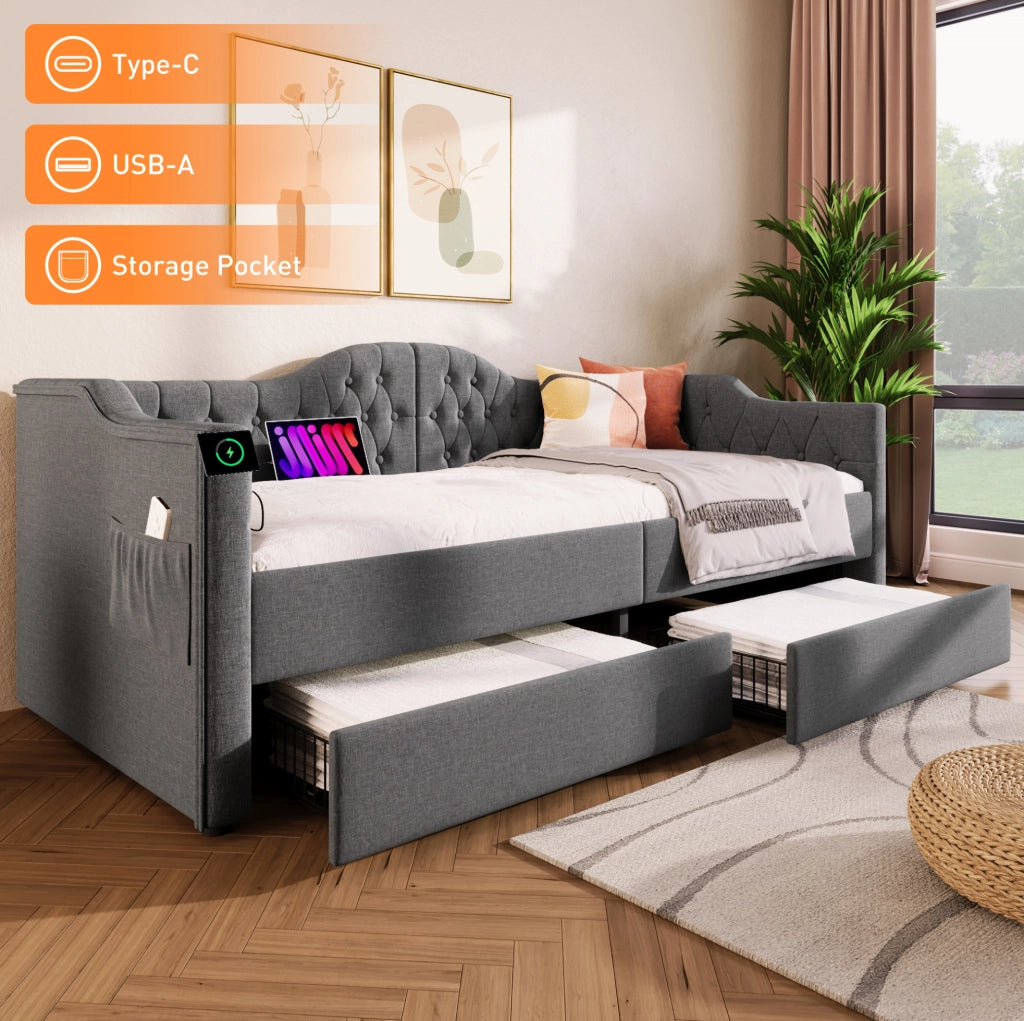 Letto a giorno 90x200 cm in lino grigio con 2 cassetti; USB e Type-C