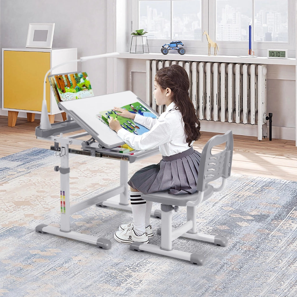 Set scrivania e sedia per bambini con altezza regolabile, Scrivania e sedia con leggio per libri e luce LED Grigio