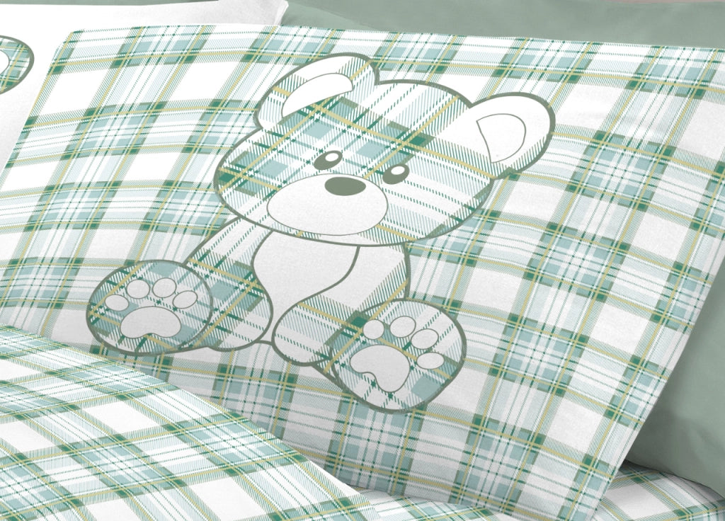 Completo Lenzuola Linea Pensieri Delicati 100% Cotone Orsetto Tartan Primavera - Piazza E Mezza - Verde