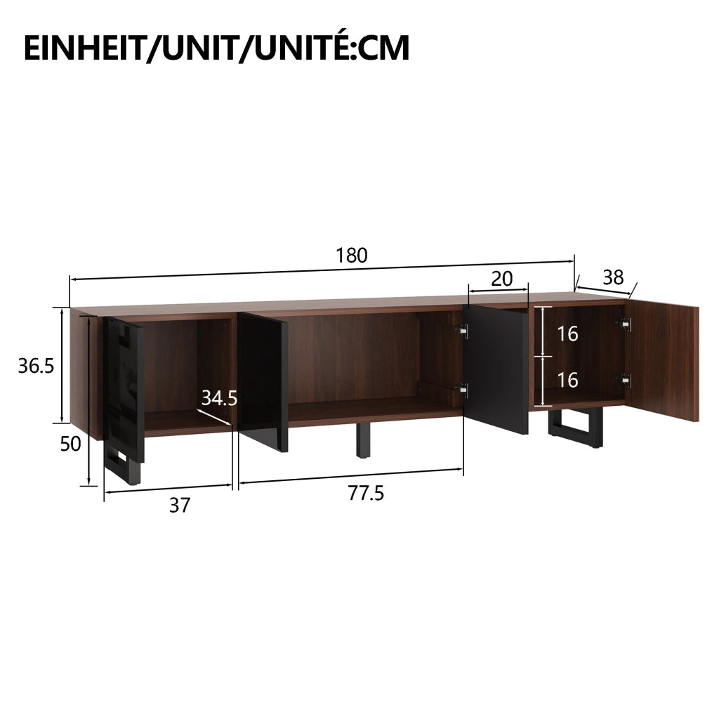 Mobile TV con 4 Ante senza Maniglie e Vani a Giorno; Frontali Nero Lucido; Stile Moderno; in MDF; 180??38??50 cm; Nero/Naturale