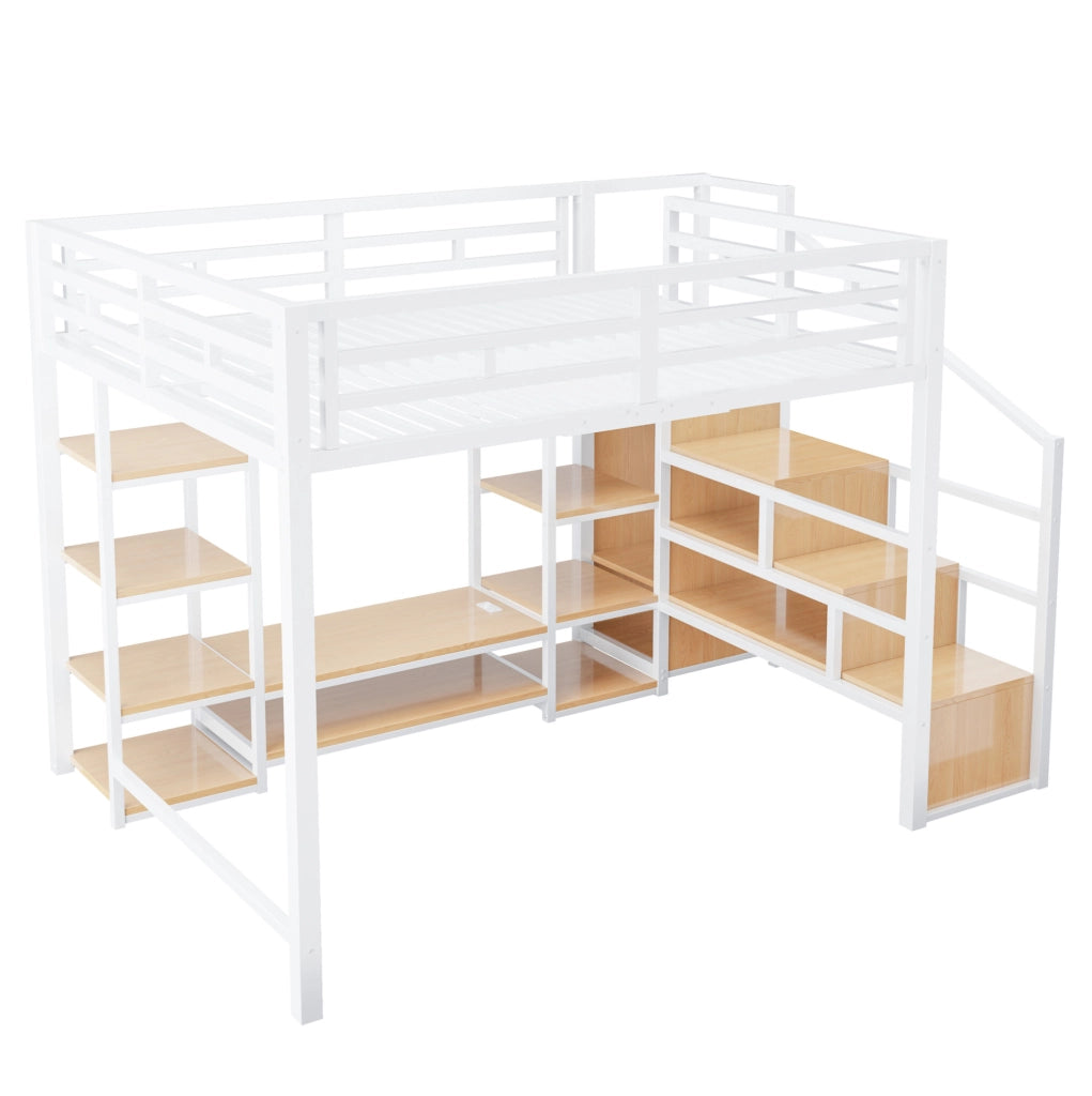 Letto a soppalco ULEVR 140x200 cm con supporto TV, presa integrata e scala di sicurezza, bianco