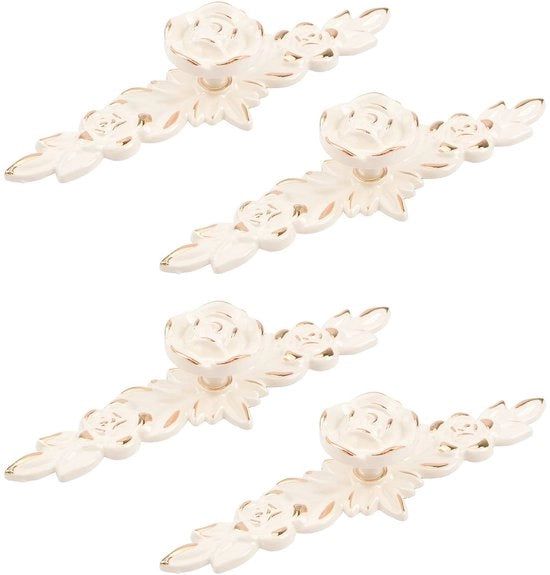 Pomelli per porta - 4 pezzi - Ivoia con bordo dorato - Zinco - Disegno di fiori - Retro 5,7 x 1,7 pollici - Maniglie per carrello