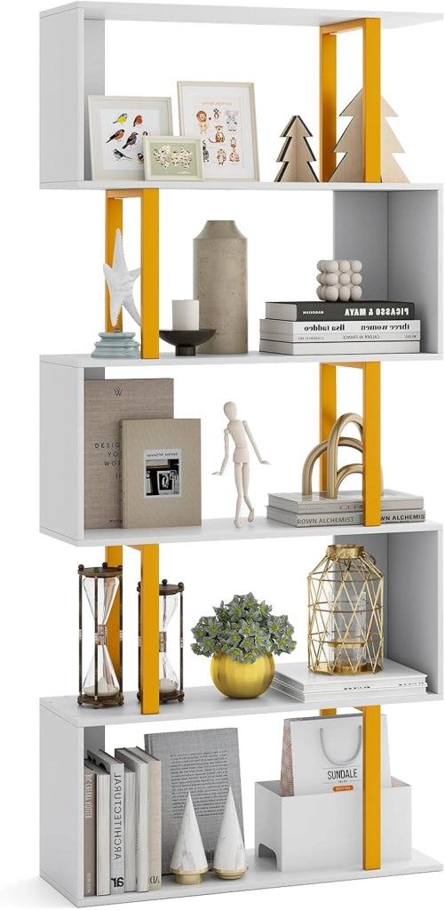 Libreria a 5 Livelli in Legno, Scaffale con Struttura in Metallo, Forma di S, Librerie Salvaspazio Divisorio per Soggiorno Ufficio e Studio, Carico 120kg (70 x 24 x 157 cm)