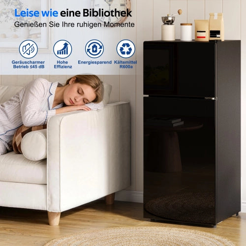 Mini frigorifero con congelatore; indipendente; volume totale 92L; congelatore da 28L; porta di vetro; illuminazione LED; basso rumore; mensole rimovibili in vetro; nero