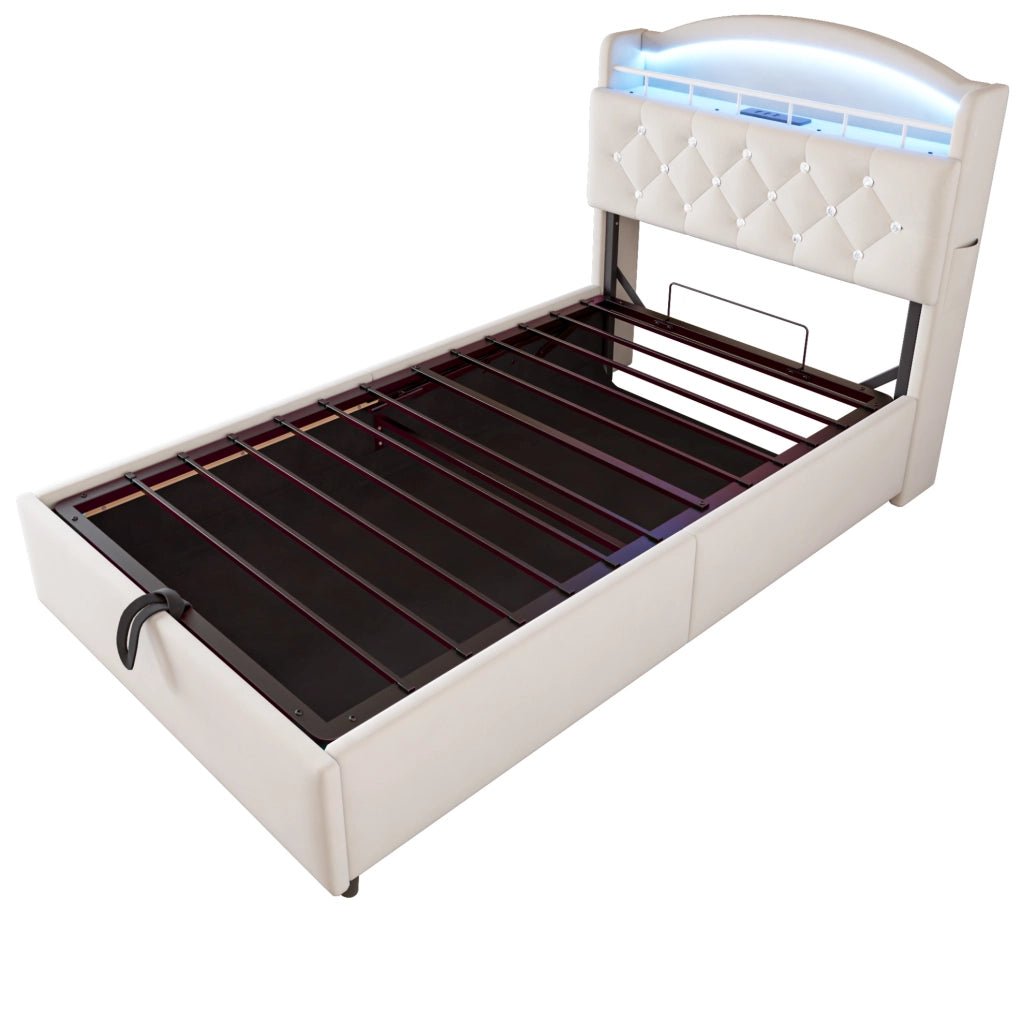 Letto imbottito per bambini 90x200 cm in velluto beige con LED; USB e vano contenitore