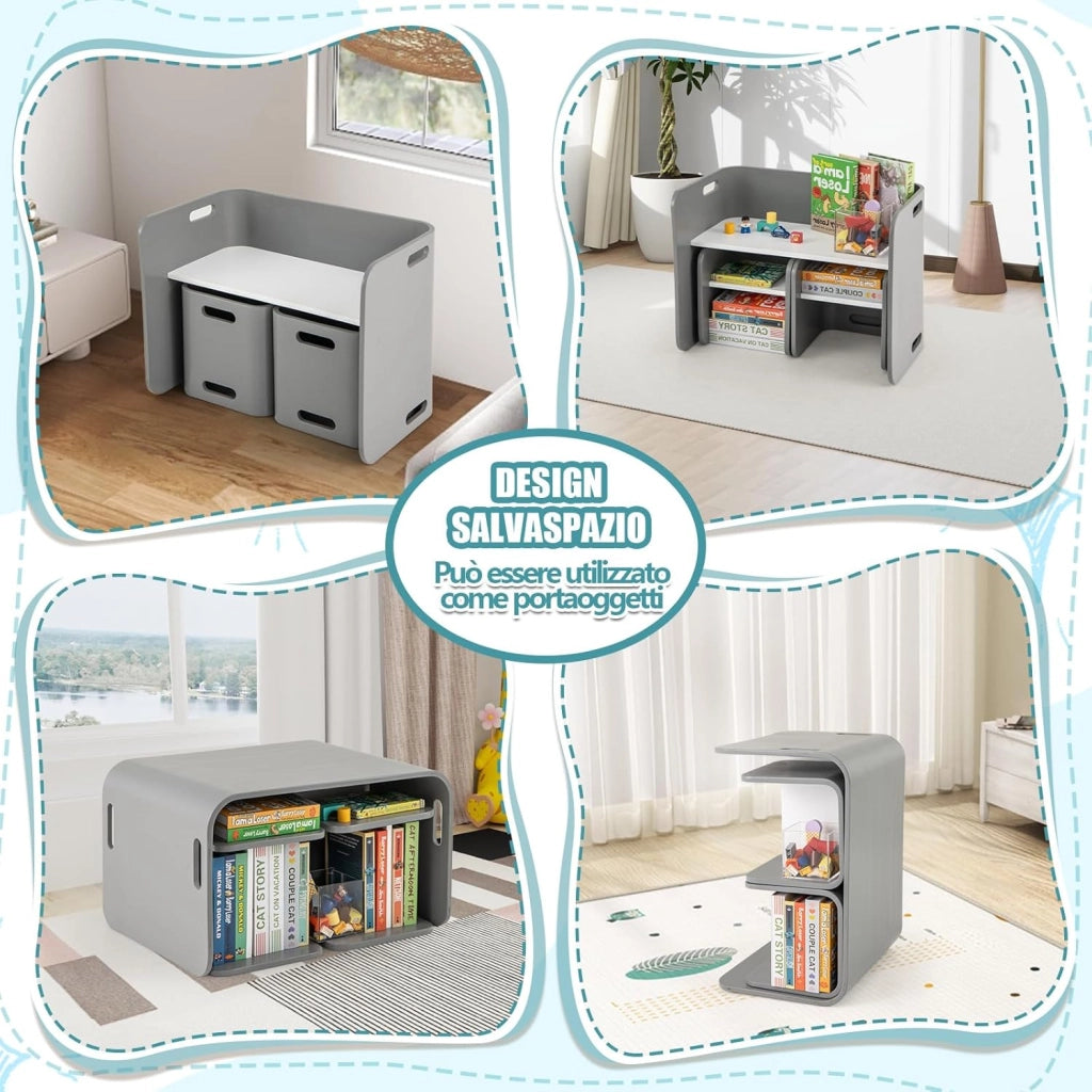Set Tavolo e 2 Sedie per Bambini 2-9 Anni, Set Multiuso in Legno di Faggio con Maniglie Ergonomiche, Design Salvaspazio, Senza Montaggio, Portata 100 kg (Grigio)
