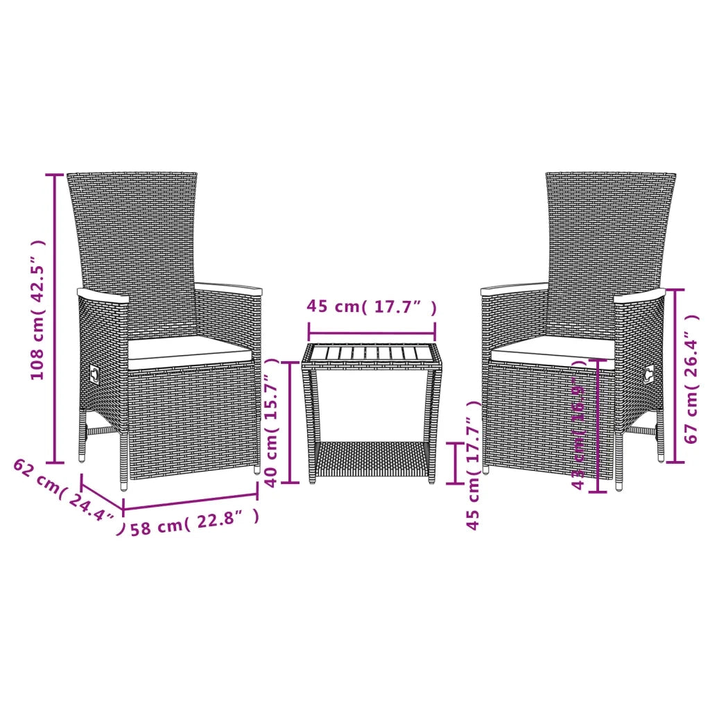 Set da Pranzo da Giardino 3 pz con Cuscini Nero in Polyrattan 3277541