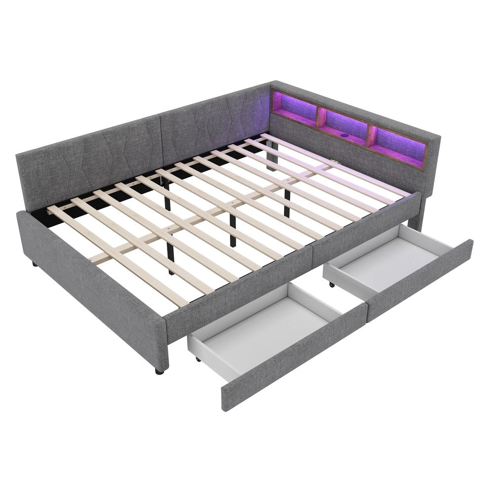 Letto Divano con Cassetti e LED ¨C MINIMAL ¨C Tessuto Grigio 140x200