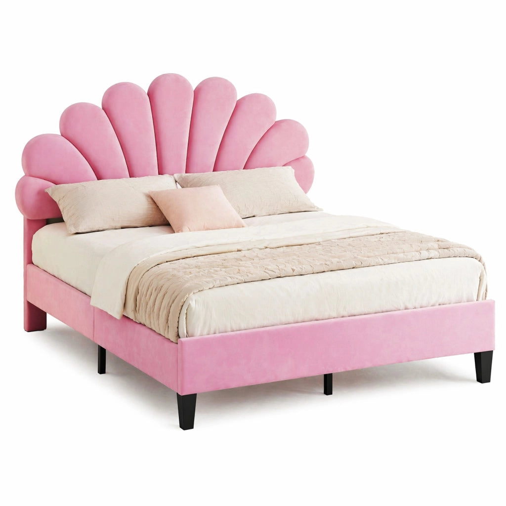 Letto imbottito 140x200 cm in velluto rosa con testiera floreale e 12 doghe