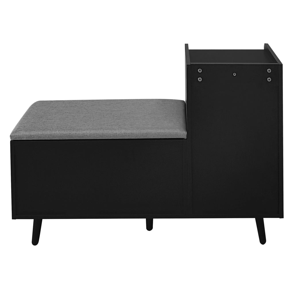 Panca scarpiera con seduta imbottita nera 100x34x68,5 cm in truciolare con ripiani regolabili e 3 ante