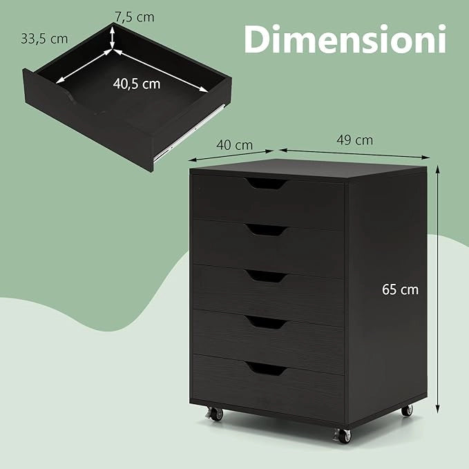 Cassettiera da Ufficio con 5 Cassetti e Ruote, Mobiletto Multiuso per Documenti e Cosmetici, Comodino con Ruote per Camera da letto, Studio, Ufficio e Soggiorno (Nero)