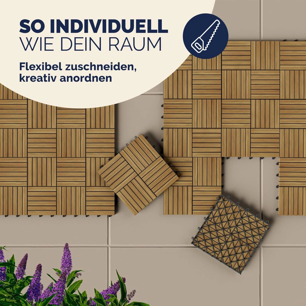 Casaria Piastrelle Legno Acacia 44pz Certificato FSC® Mattonelle 4m² ad Incastro 30x30cm Esterno Mosaico Quattro
