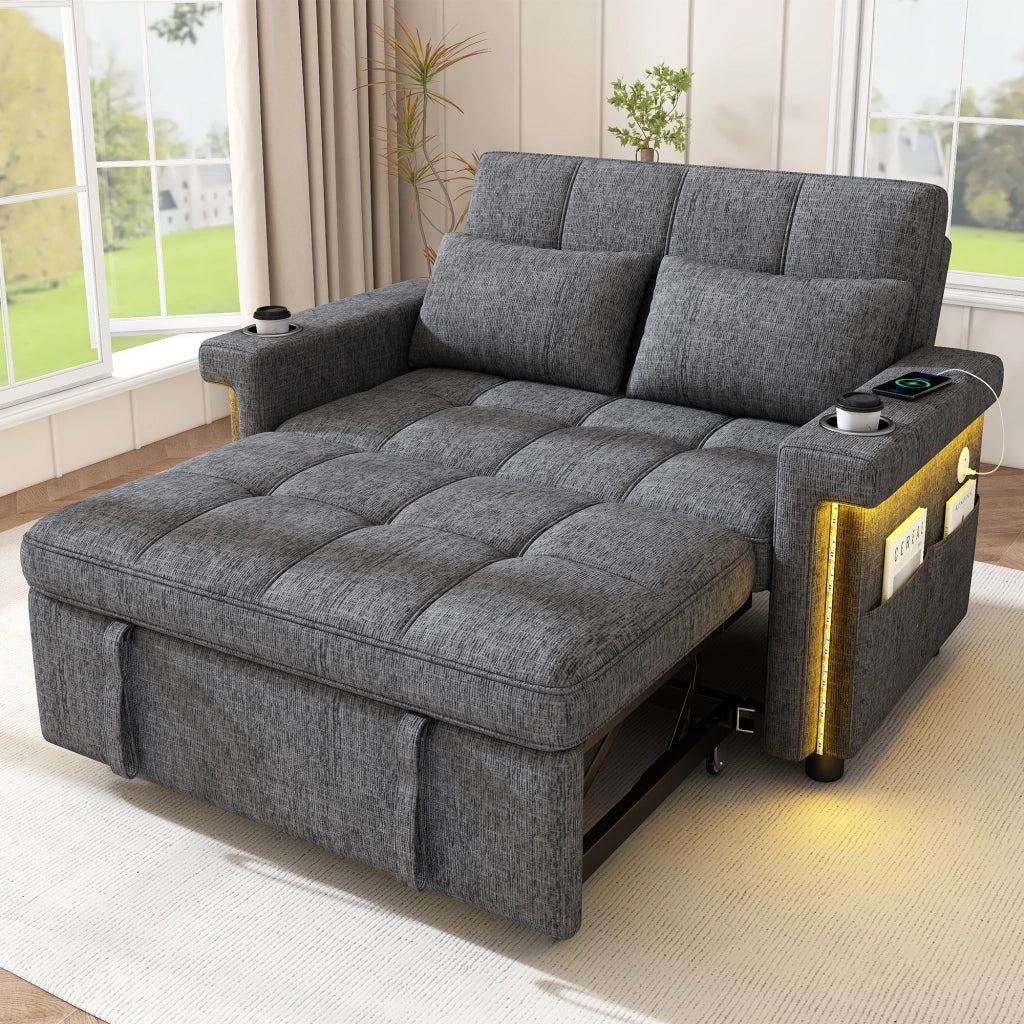 Divano letto 2 posti - con schienale regolabile; LED; USB e portabevande - in chenille grigio