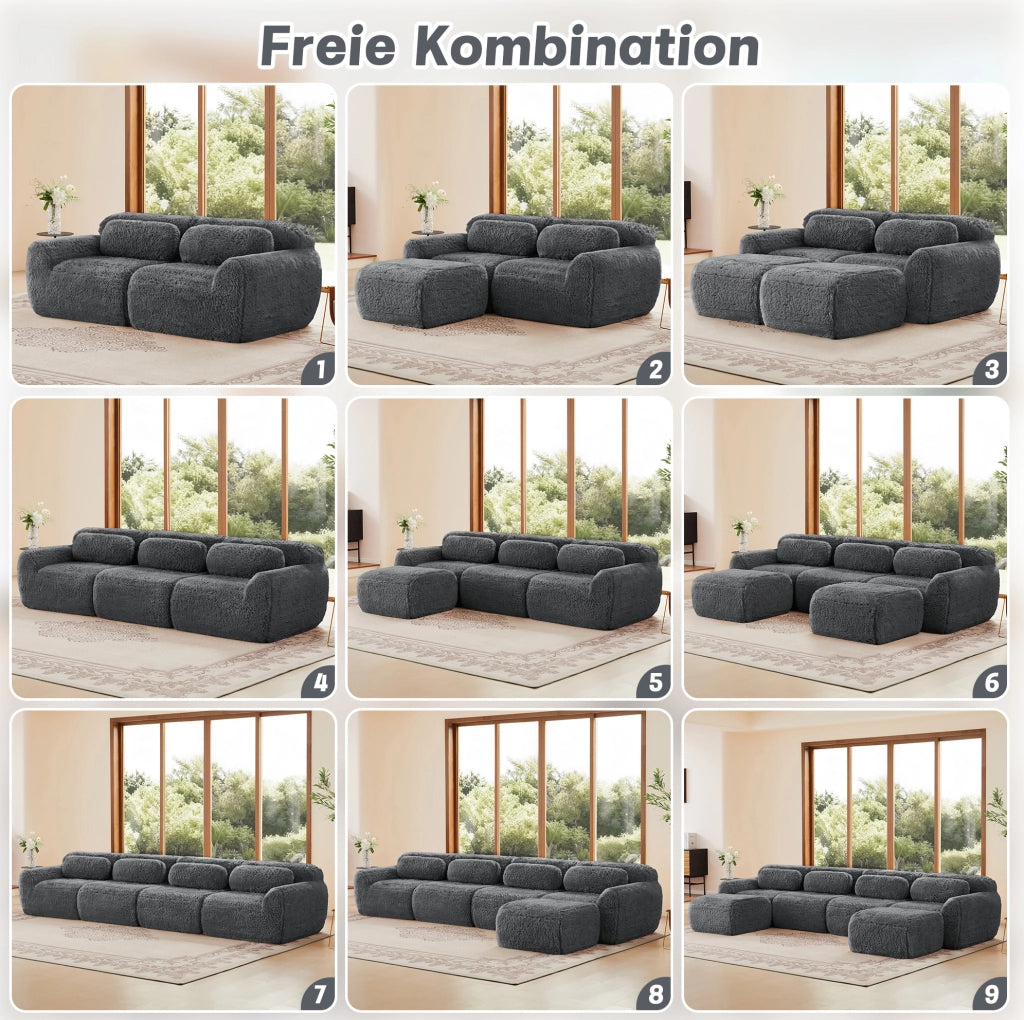 Divano angolare modulare in tessuto peluche con base antiscivolo; grigio