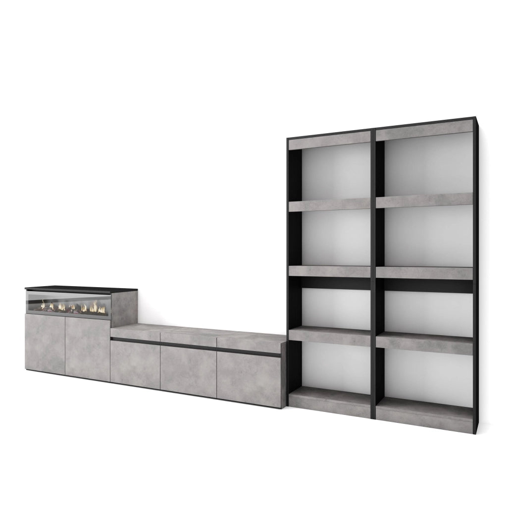 Mobile TV, Soggiorno, 370x35x186cm, Per TV fino a 65", Camino elettrico, grigio cemento RF3172