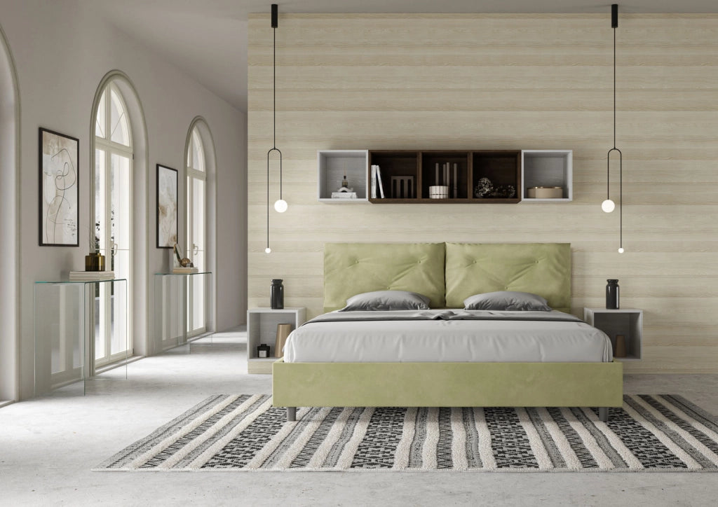 BS COM Letto matrimoniale king size con rete imbottito 200x200 microfibra tè verde