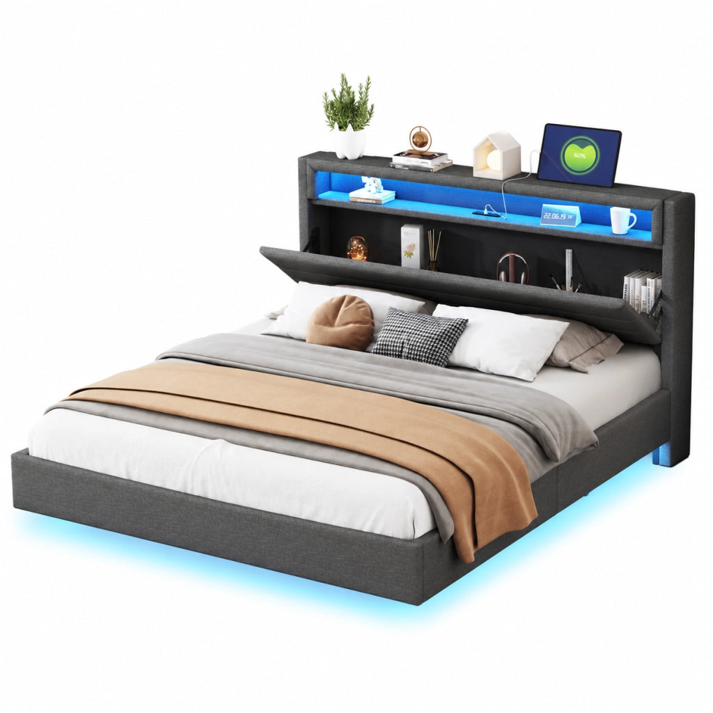 Letto imbottito 160x200 cm con USB e luci LED; tessuto effetto lino grigio (Senza materasso)