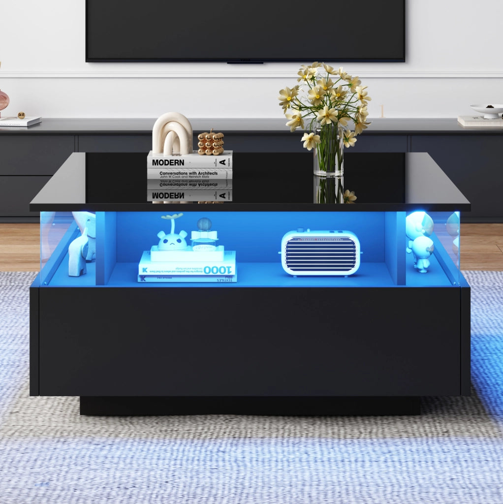 Tavolino da salotto moderno 70x70x41 cm nero in truciolare con LED; 2 cassetti e vano trasparente