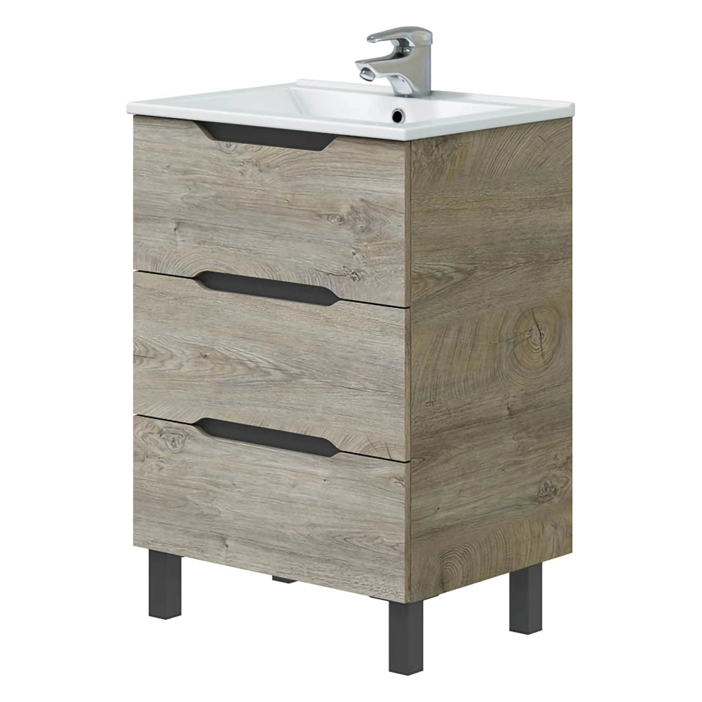 Sozop, Mobile Sottolavabo 3 Cassetti, 60x45x86h cm Marrone Rovere Grigio