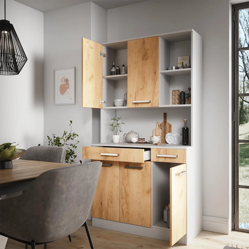Buffet da cucina Raul, Rovere bianco/dorato, 100.1 x 188.5 cm con 5 porte e 2 cassetti, con ripiano aperto per dispositivi e spazio di archiviazione espandibile