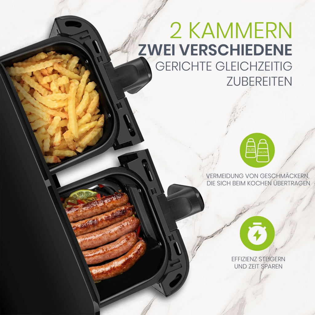 Friggitrice ad aria XXL da 10 litri con doppia zona, ideale per famiglie, con display touchscreen a LED, tempo e temperatura regolabili e 8 funzioni d
