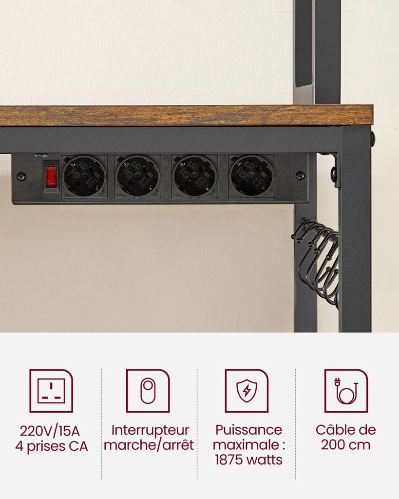Mensola da cucina con multipresa supporto per microonde ripiano portaoggetti con pannello in rete metallica 14 ganci 40 x 80 x 170 cm marrone rustico e nero 12_0005666