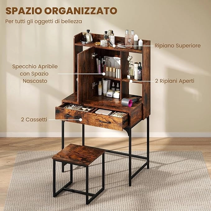 Toletta da Trucco con Specchio, Set Tavolo e Sgabello da Trucco con Stazione di Ricarica, Cassetti, Ripiani Aperti e Armadio, Consolle Toeletta con Sgabello, 80 x 50 x 138 cm (Marrone)