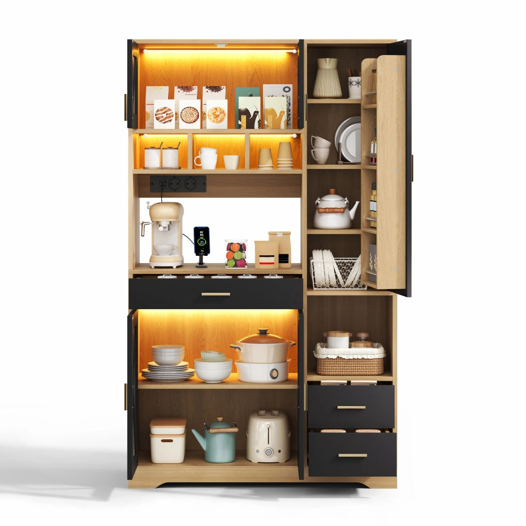 Credenza alta con vetrina e LED a colori, ripiani regolabili, 1 cassetto, prese e porte USB per cucina e soggiorno 185 × 105 × 40 cm