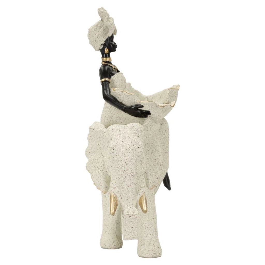 Scultura decorativa etnica donna su elefante in poliresina