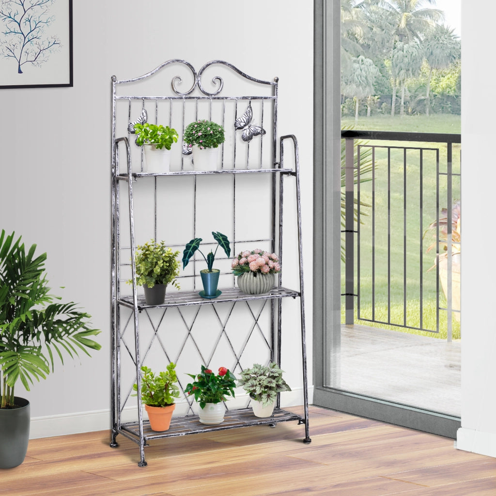 Scaffale Fioriera 3 Ripiani Pieghevole da Giardino Balcone Argento