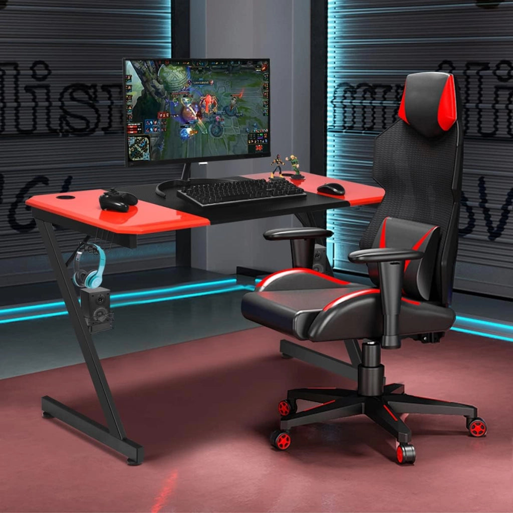 Scrivania Gaming a forma di Z, Scrivania Grande 120x60x76 cm, Scrivania da Gioco con Supporto per Bevande, Tavolo per Gaming o Computer, Ergonomica, Nero+Rosso