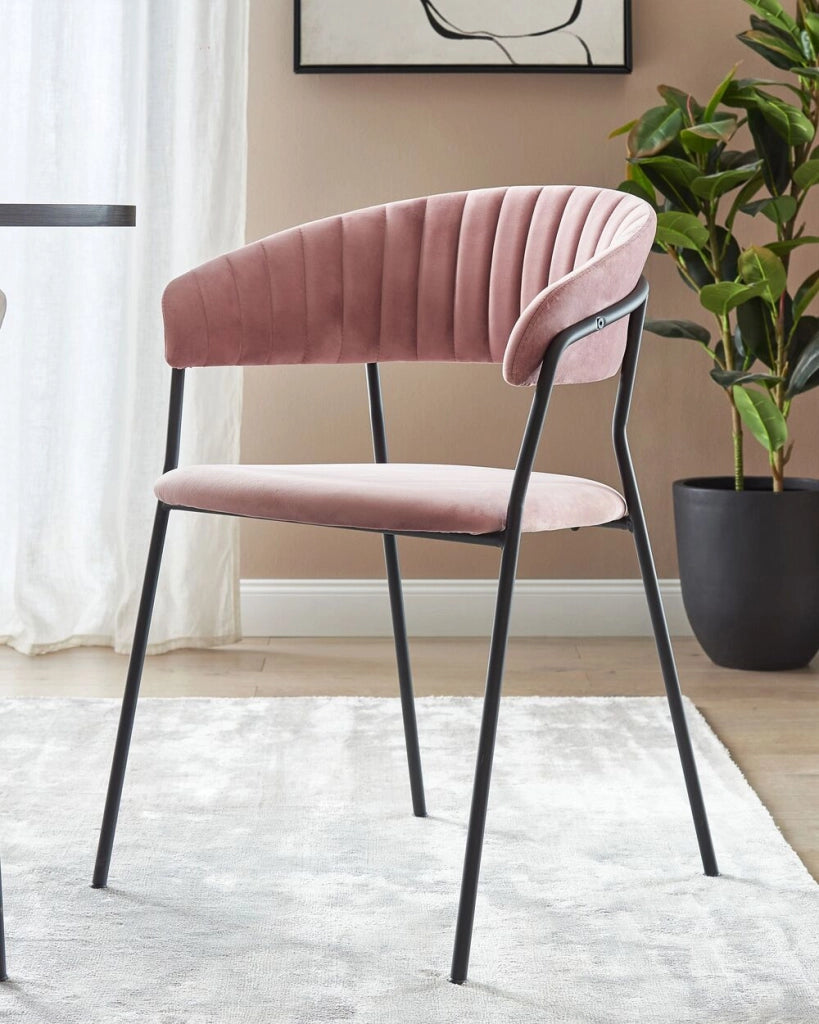 Set di 2 sedie da pranzo in tessuto vellutato rosa Rivestimento in metallo nero Gambe con braccioli Schienale curvo Design moderno e contemporaneo
