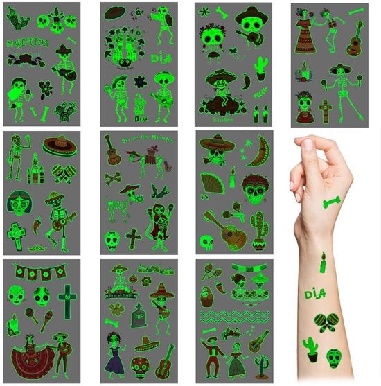 Decora il tuo corpo con 10 stampe luccicanti di Fiesta, in rilievo, con teschio di zucchero, cactus, per bambini, ragazze, ragazzi, accessori per Halloween