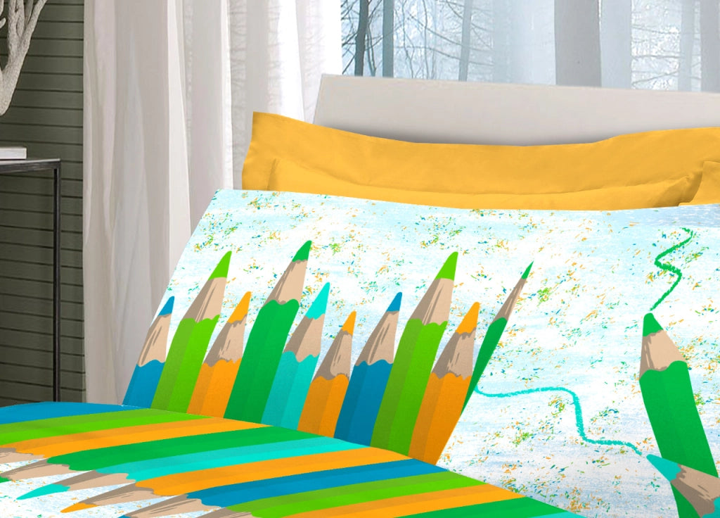 Completo Lenzuola Linea Pensieri Delicati 100% Cotone Disegno Matitoni - Piazza E Mezza - Verde