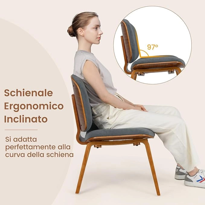 Sedia Relax con Schienale Curvo e Sedile Imbottito, Sedia Laterale con Struttura in Legno, senza Braccioli, per Sala da Pranzo, Soggiorno, Ufficio, Portata 136 kg (Marrone+Grigio Scuro)