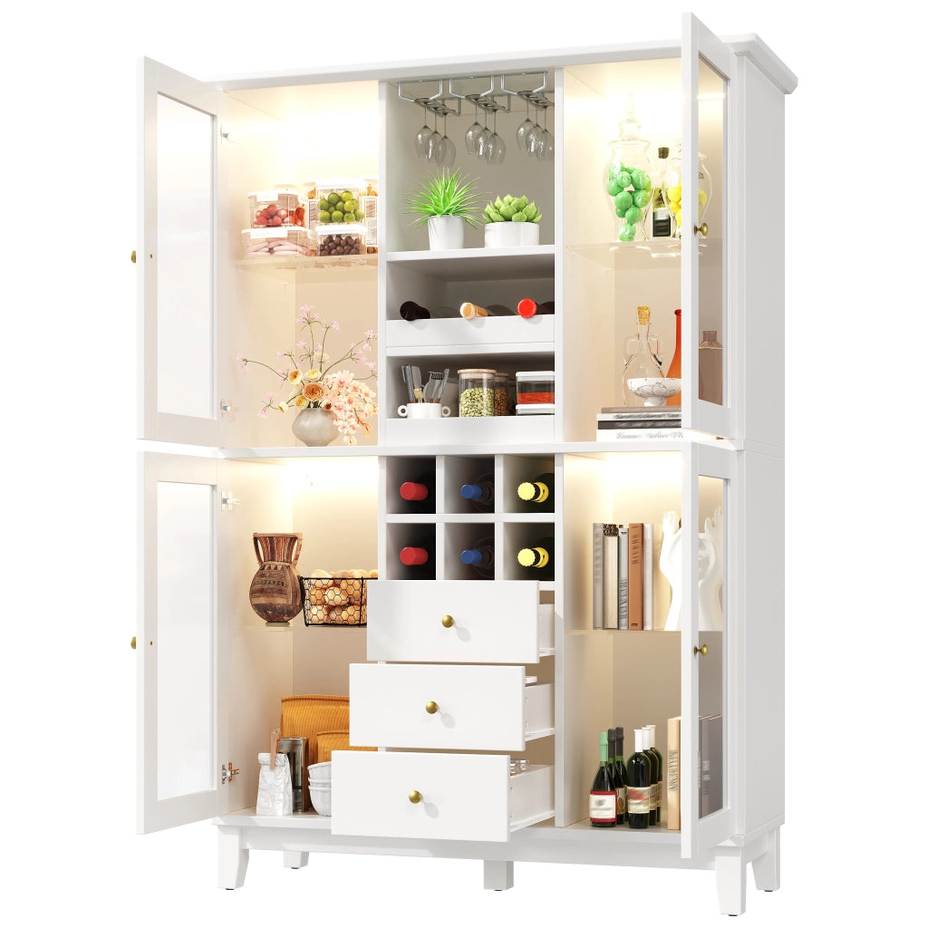 Mobile bar con 3 cassetti, ripiani regolabili, portabicchieri e portabottiglie, in MDF, bianco, 120 × 40 × 180,5 cm
