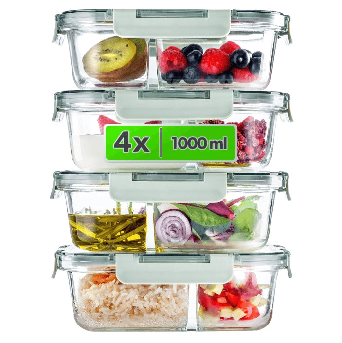 Set di 4 contenitori per alimenti in vetro KADAX da 1 litro con divisori, ideali per il pranzo.