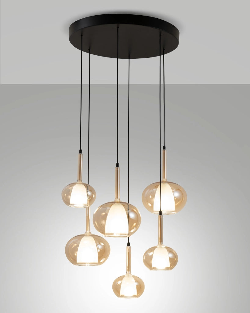 Lampada a Sospensione Edolo Ø530mm in metallo e vetro borosilicato Ambra, attacco E27+E14 6x40W, Classe 1, IP20, Design Moderno - Edolo