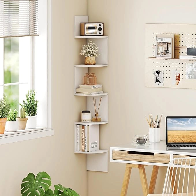 Scaffale Angolare a 5 Livelli, Scaffale Sospeso a Muro, Organizzatore di Stoccaggio a Parete, Espositore in Legno per Soggiorno Camera da Letto e Cucina, 20 x 20 x 126 cm (Bianco)