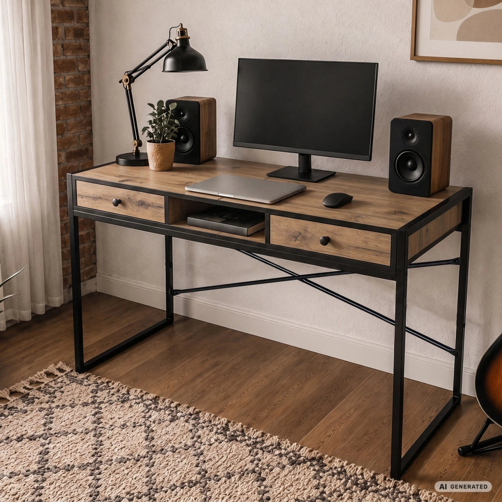 Scrivania industriale per computer Rovere Craft ELONIS 123 cm 2 cassetti 1 ripiano gambe nere