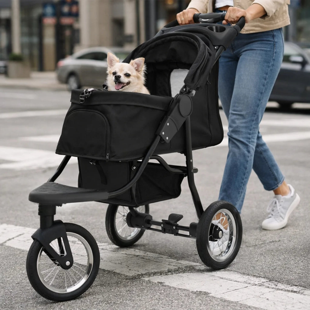 Passeggino Jogger Pieghevole per Cani e Gatti Nero 3 Ruote con Cappottina